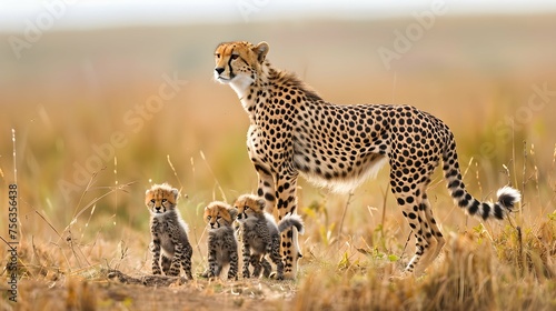 Female cheetah with her cubs. Tanzania. Serengeti National Park. Africa.