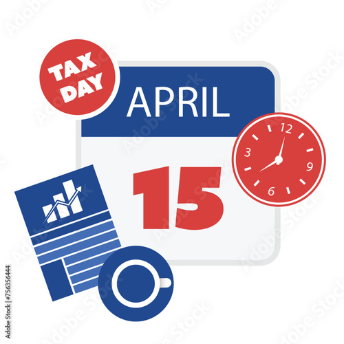 Tax Day Reminder Concept, Calendar Page with Clock - Vector Design  Element Template Isolated on White Background - USA Tax Deadline, Due Date for IRS Federal Income Tax Returns:15th April, Year 2024 © bagotaj