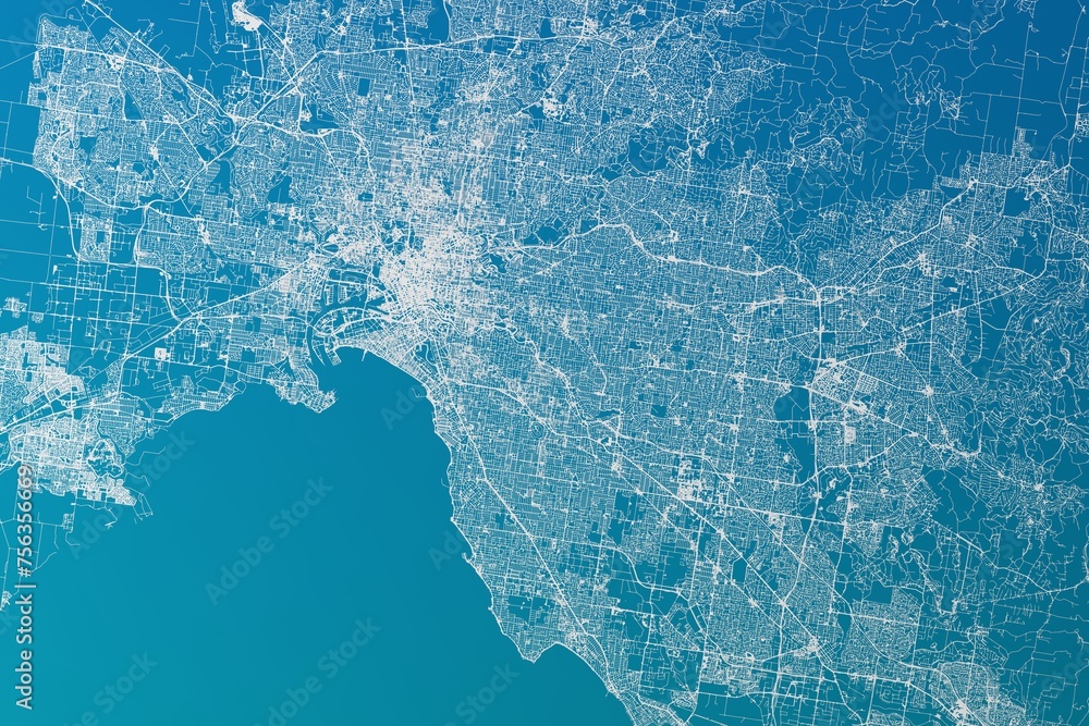Fototapeta premium Map of the streets of Melbourne (Australia) made with white lines on greenish blue gradient background. 3d render, illustration