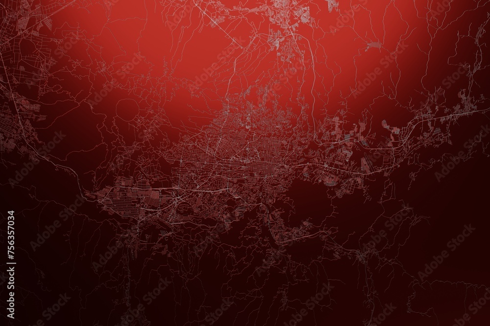Street map of San Salvador (El Salvador) engraved on red metal background. Light is coming from top. 3d render, illustration