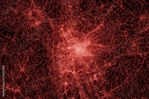 Street map of Graz (Austria) made with red illumination and glow effect. Top view on roads network. 3d render, illustration