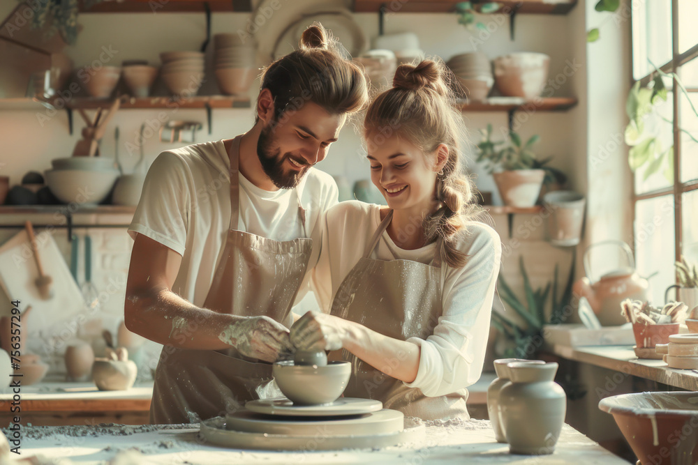 Male ceramist teacher create pottery sculpture with hands on pottery wheel from grey clay with his student. Ceramics store, small business, pottery workshop, courses. Potter couple working in pottery.