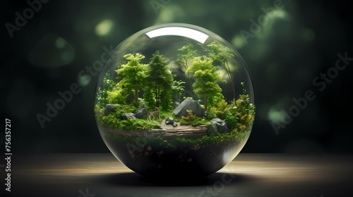 Eine isolierte Welt aus Bäumen, Pflanzen und Felsen in einer Glaskugel. photo