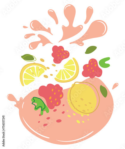 Ripe lemon fruits and raspberries with splashes of juice. Vector illustration of organic fruit juice. Eco label concept for natural lemon and raspberries flavor. Design of vape, juice, smoothie.