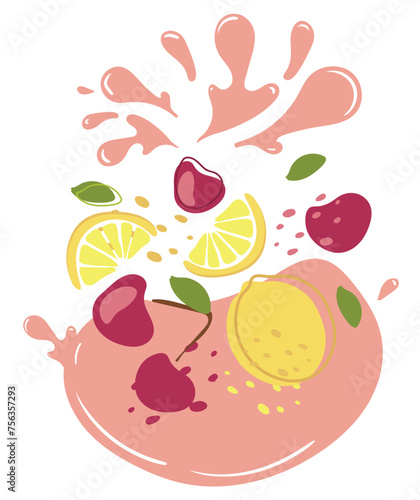 Ripe cherry fruits and lemon with splashes of juice. Vector illustration of organic fruit juice. Eco label concept for natural cherry and lemon flavor. Design of vape, juice, smoothie.