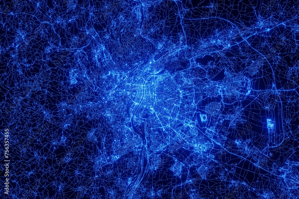 Street map of Lyon (France) made with blue illumination and glow effect. Top view on roads network