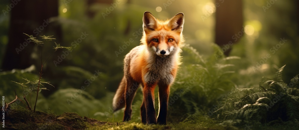Fototapeta premium A carnivorous terrestrial animal, the red fox, with a red coat and a bushy tail, stands in the forest among the green grass and natural landscape