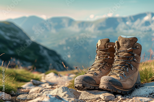 Sturdy hiking boots against a valley backdrop