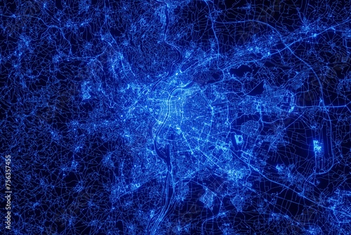 Street map of Lyon (France) made with blue illumination and glow effect. Top view on roads network photo