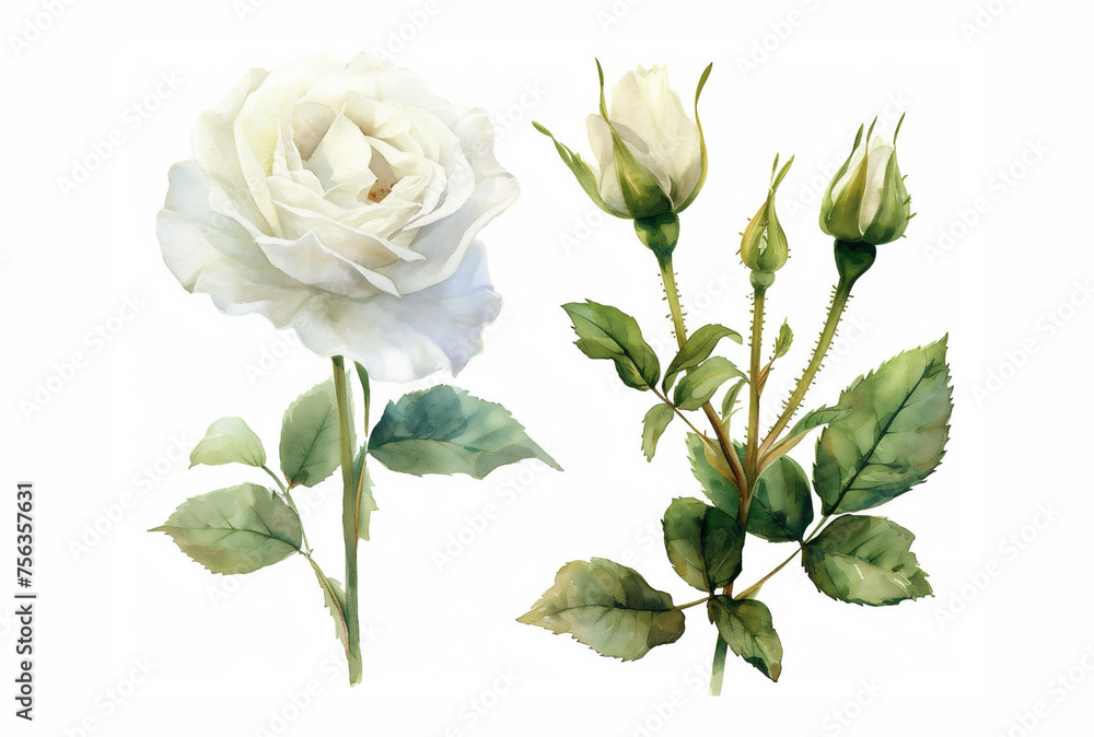 Watercolor white wedding roses flowers DIY individual element. Hand painted realistic botanical illustration isolated on white background for cards, invitations and posters. Watercolor white wedding roses flowers DIY individual element. Hand painted realistic botanical illustration isolated on white background for cards, invitations and posters.