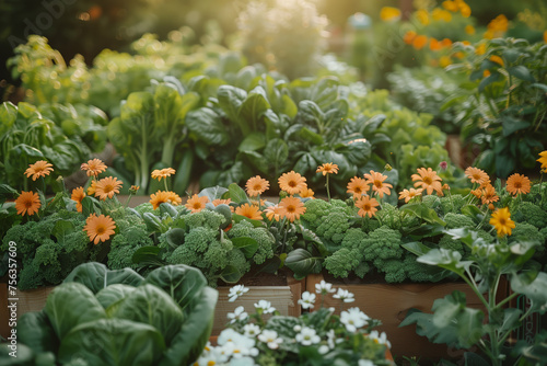 Lush vegetable and flower garden rows