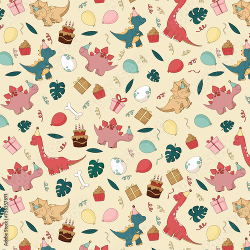 Cute dino birthday pattern. Seamless colorful vector print with abstract dinosaurs party for wrapping paper.