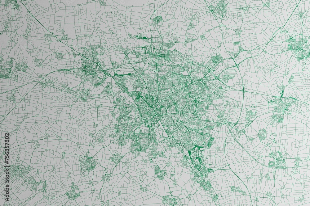 Map of the streets of Hannover (Germany) made with green lines on white paper. 3d render, illustration