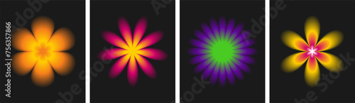 Collection of modern abstract flower shapes with blurry effect on black background. Set of trendy  aura gradient posters, cards in y2k style for social media. Vector illustration 