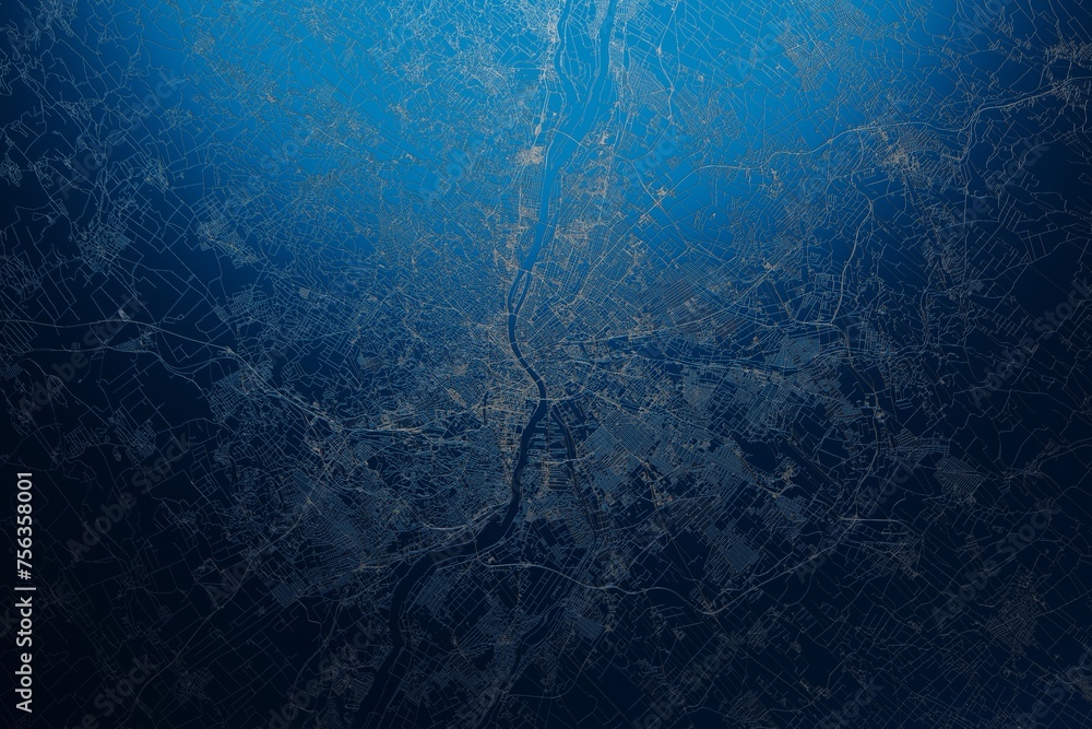 Street map of Budapest (Hungary) engraved on blue metal background. View with light coming from top. 3d render, illustration - obrazy, fototapety, plakaty 
