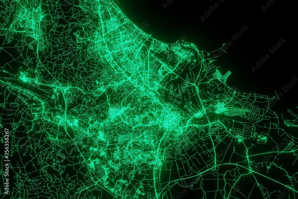 Map of the streets of Gdansk (Poland) made with green illumination and glow effect. Top view on roads network. 3d render, illustration