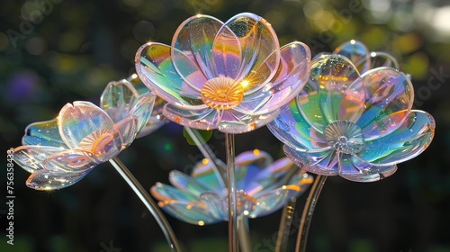 Iridescent glass flowers at dawn light