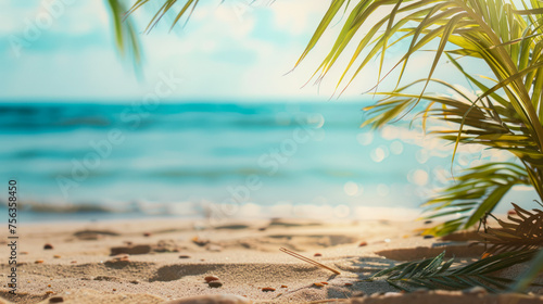 Amazing beach view cosmetics or product background. Beautiful sea, sand, palms background. Golden sand beach with blue ocean and cloudscape and sunshine in the back. Free product place