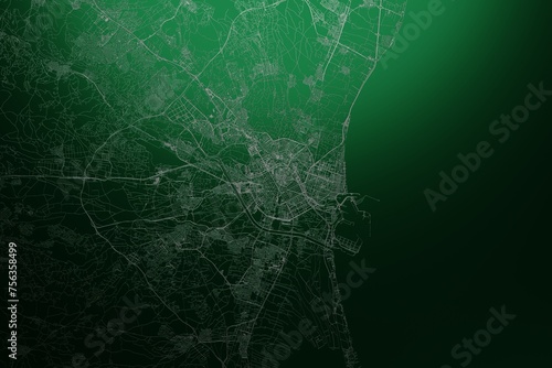 Street map of Valencia  Spain  engraved on green metal background. Light is coming from top. 3d render  illustration
