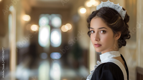 Maid gazes back in grand hall. photo