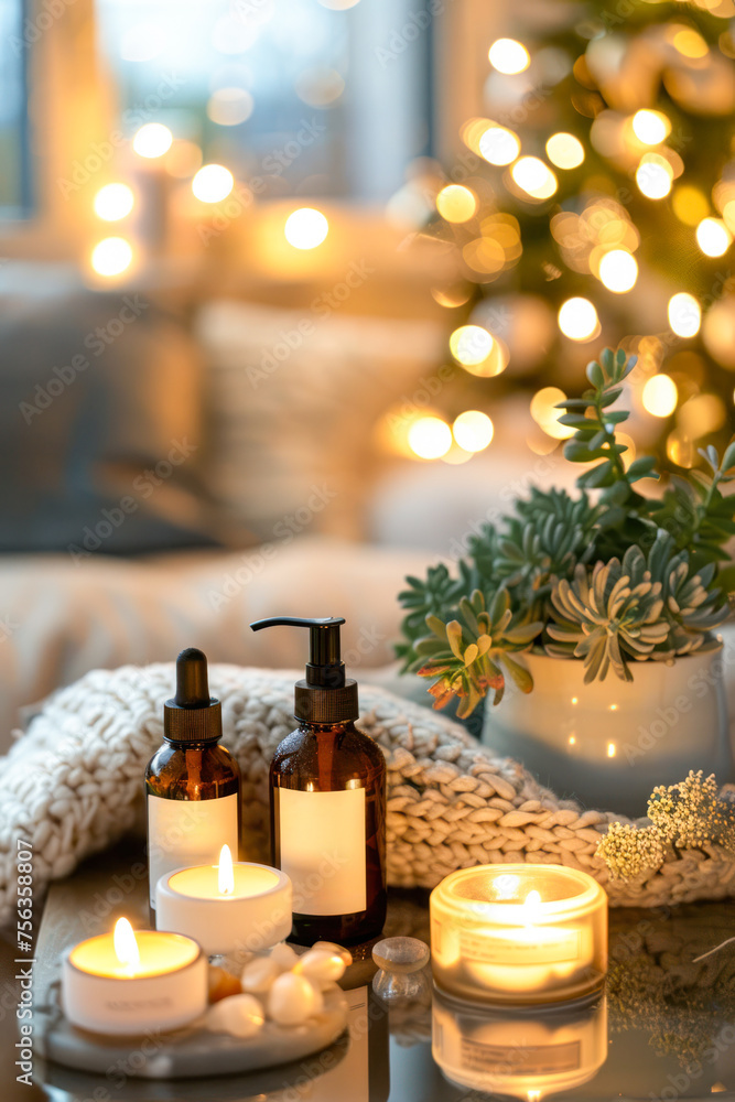 spa cosmetics life style. Two amber glass bottles with modern home decor and candles. Scandinavian style. Cosmetic product branding, beauty treatment products design. Vertical spa cosmetics life style. Two amber glass bottles with modern home decor and candles. Scandinavian style. Cosmetic product branding, beauty treatment products design. Vertical