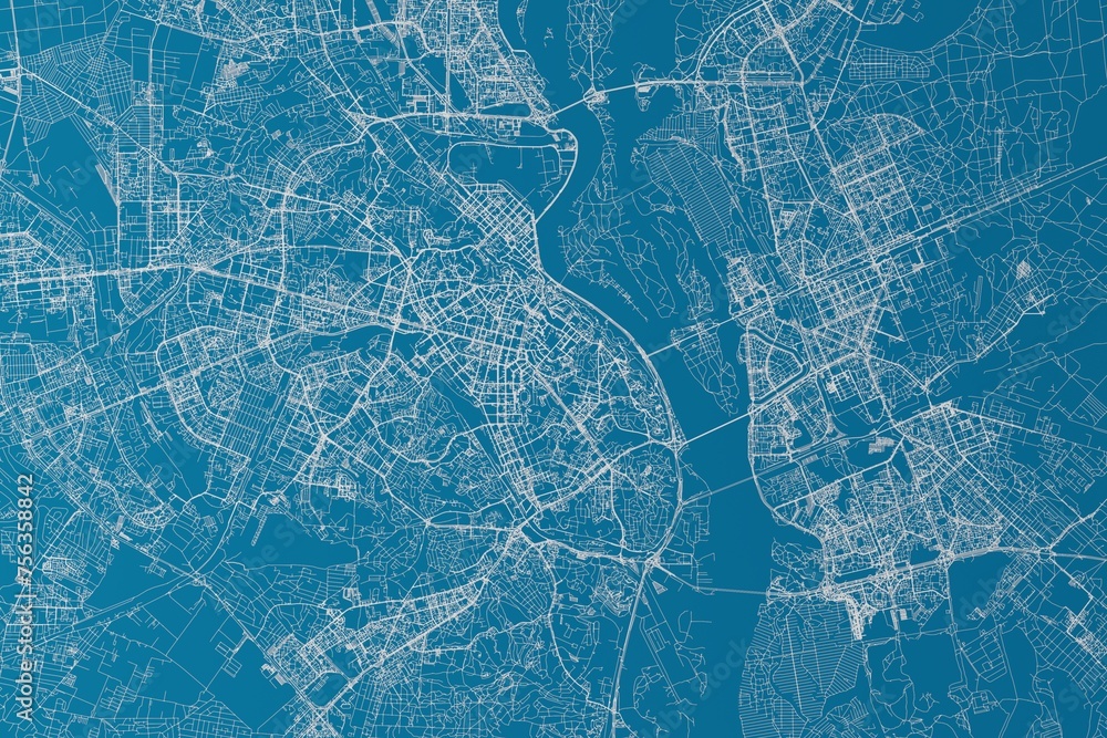 Map of the streets of Kyiv (Ukraine) made with white lines on blue background. 3d render, illustration - obrazy, fototapety, plakaty 