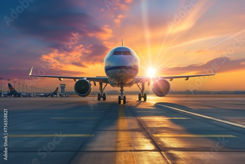 passenger plane, plane lands on the airport runway in beautiful sunset light photo
