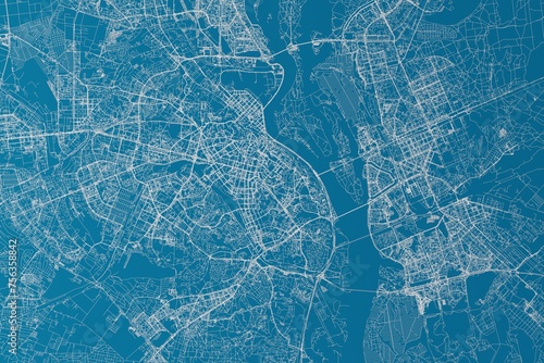 Map of the streets of Kyiv (Ukraine) made with white lines on blue background. 3d render, illustration photo