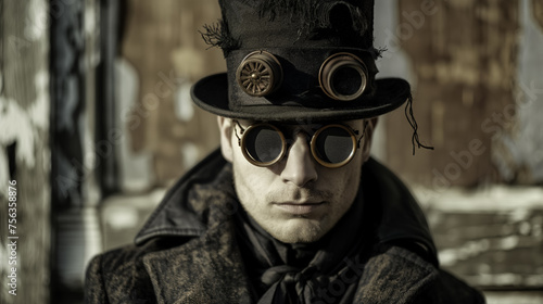 Man in ornate steampunk attire with goggles.