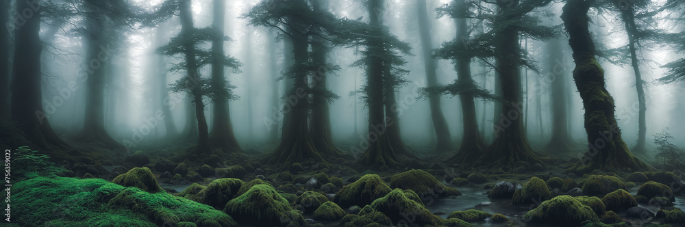 The Mystical Forest Ancient trees cloaked in mist, moss-covered rocks, light filtering through the foliage. Generative AI.