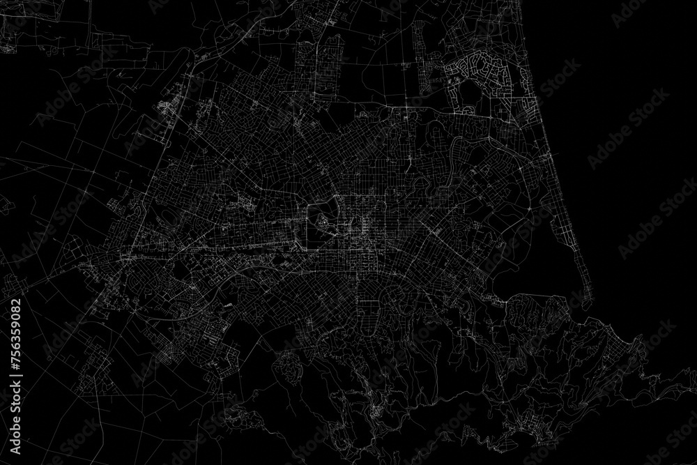 Stylized map of the streets of Christchurch (New Zealand) made with white lines on black background. Top view. 3d render, illustration