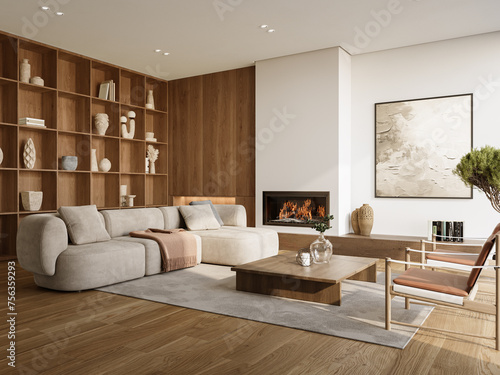 Fototapeta Naklejka Na Ścianę i Meble -  Minimalist living room interior with modern fireplace and white walls. Interior mockup, 3d render