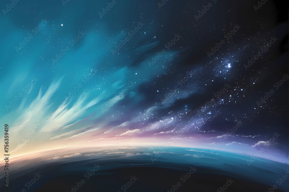 Concept of awe and wonder. A digital painting of a gradient sky, transitioning from a vibrant sky blue near the horizon to a deep, dark blue of the cosmos