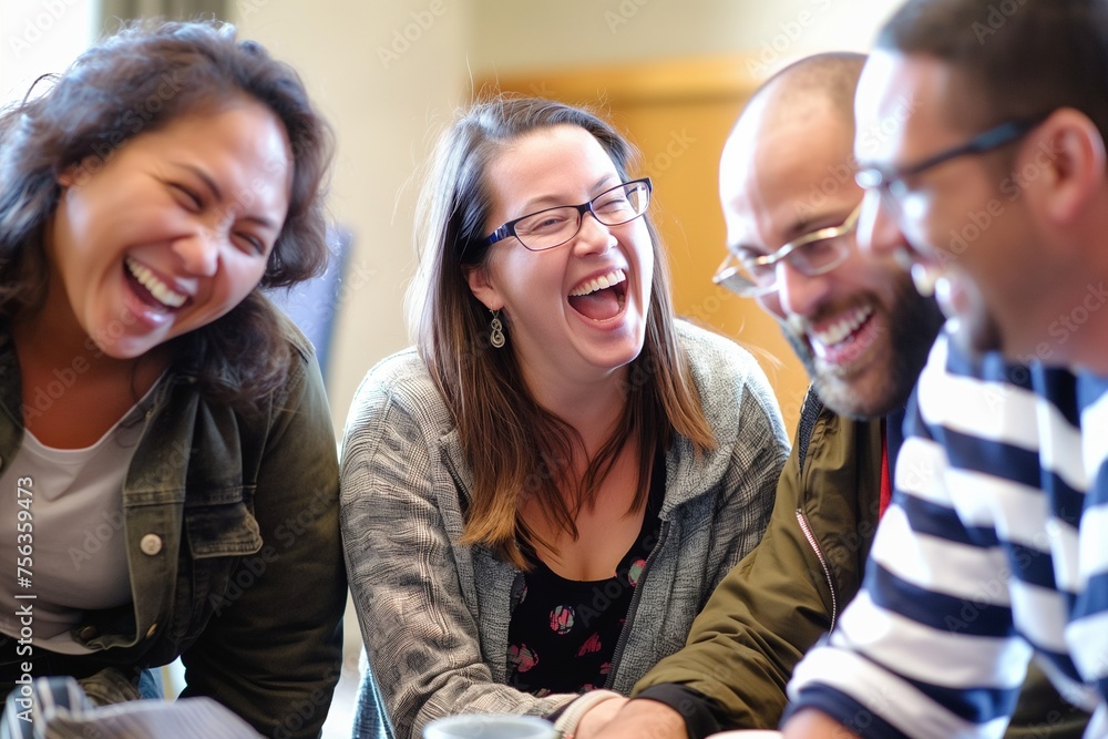 Team building: A group of employees participating in a team-building activity, laughing and having fun while bonding Team building: A group of employees participating in a team-building activity, laughing and having fun while bonding