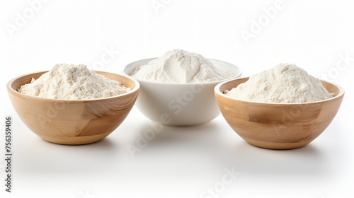 Bowls of gluten free flour isolated on white background