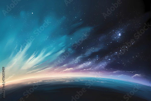 Concept of awe and wonder. A digital painting of a gradient sky, transitioning from a vibrant sky blue near the horizon to a deep, dark blue of the cosmos