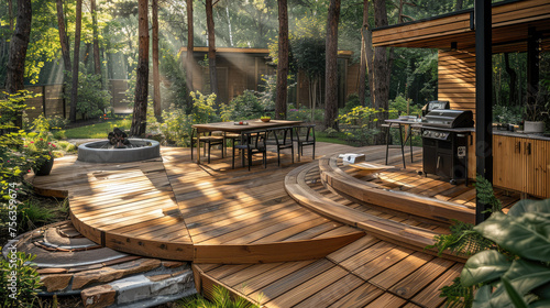 Wide round and curved wooden deck in the pine garden with the BBQ set and dinning table on it deck, summer time sunlight, serene landscape. Generative AI.