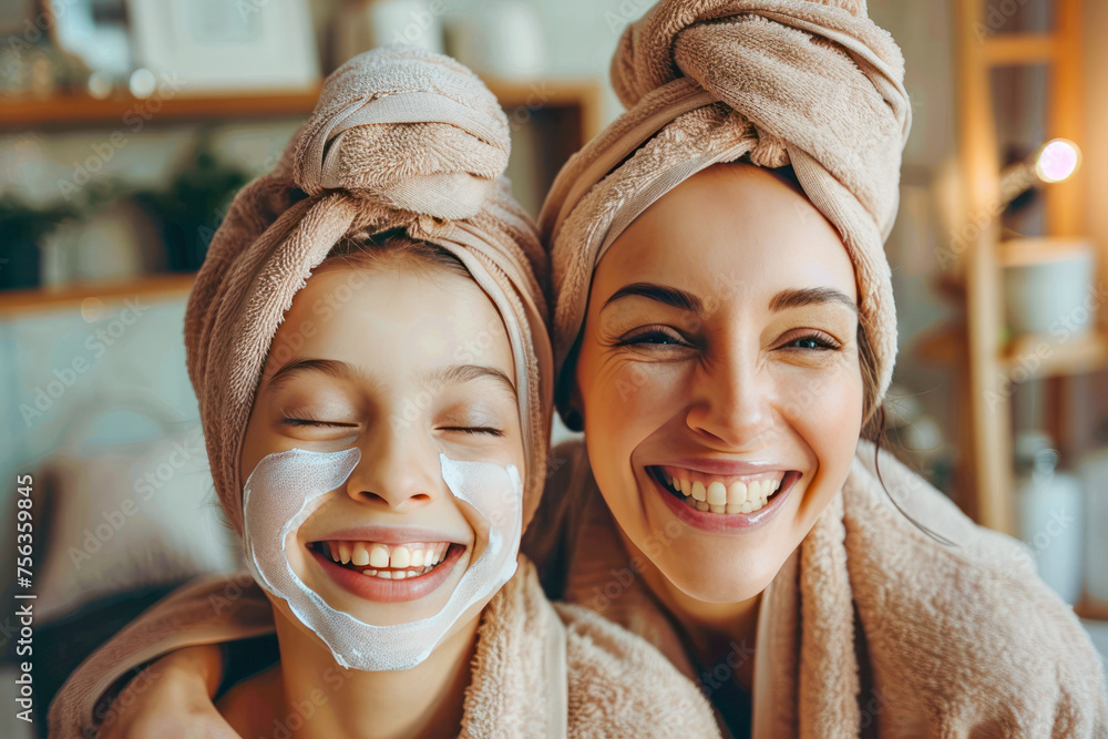 Mom and her daughter having fun together, making clay facial mask and wearing bathrobes. Mother with child doing beauty treatment together. Family time, spa and beauty, mothers day - obrazy, fototapety, plakaty 