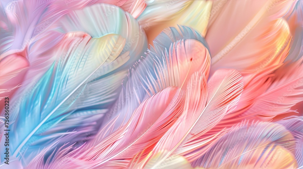 Fototapeta premium pastel feathers up close, revealing lush detailing and a mesmerizing array of rainbow hues.