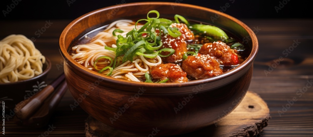 A hearty dish of noodle soup with meat served in a bowl on a rustic wooden table, showcasing the staple food and ingredients used in the recipe