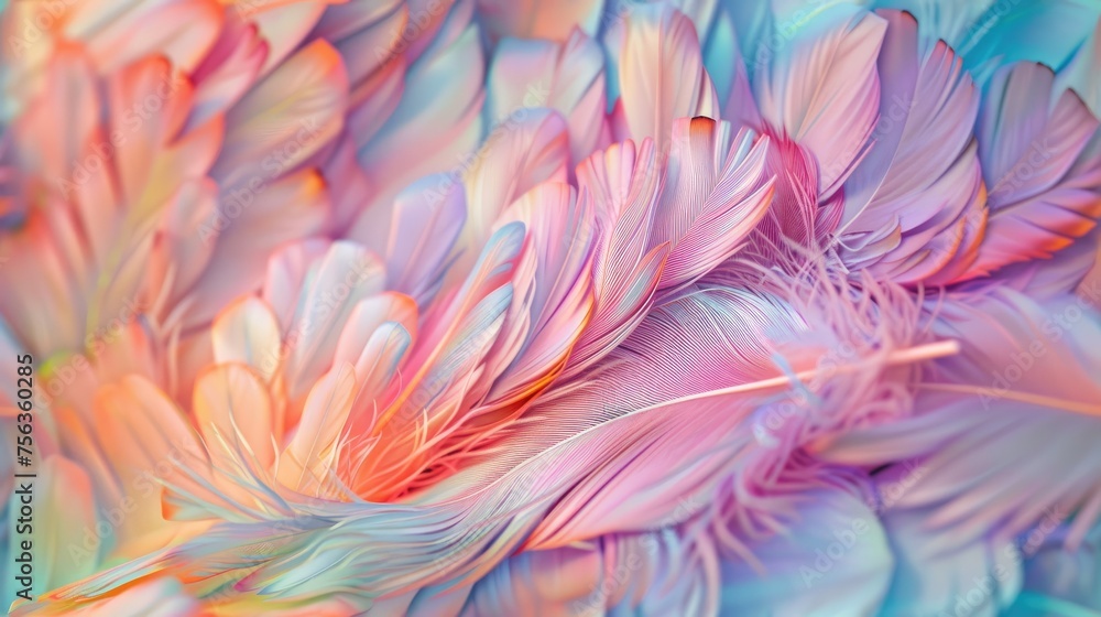 pastel feathers up close, revealing lush detailing and a mesmerizing array of rainbow hues. pastel feathers up close, revealing lush detailing and a mesmerizing array of rainbow hues.