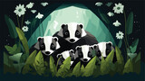 A family of badgers emerging from their den under 