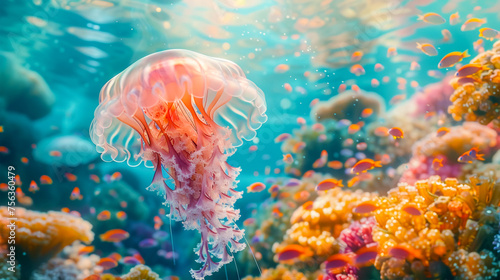 An amazing colorful jellyfish in the ocean. Transparent body and poisonous tentacles. A mysterious inhabitant of the underwater world.