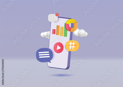 3d online social media smartphone with trading icon 
 raph and 3d chart reading speech bubble comment icon photo