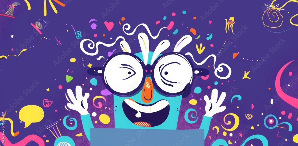 vector flat illustration of a cute and funny character with glasses that is playing pranks on people. a funny person with big glasses and colorful spirals on a purple background for a banner design vector flat illustration of a cute and funny character with glasses that is playing pranks on people. a funny person with big glasses and colorful spirals on a purple background for a banner design