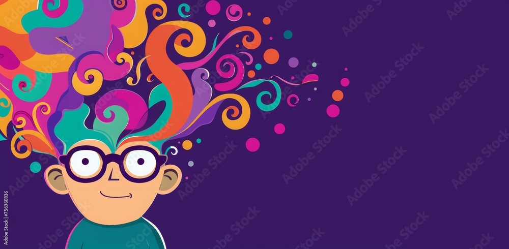 vector flat illustration of a cute and funny character with glasses that is playing pranks on people. a funny person with big glasses and colorful spirals on a purple background for a banner design vector flat illustration of a cute and funny character with glasses that is playing pranks on people. a funny person with big glasses and colorful spirals on a purple background for a banner design