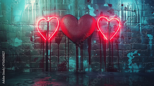 Neon Heart Reflection on Rainy Street: Romance in the City