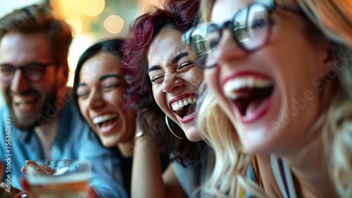 Business team laughing together during a fun team-building game in the office, with a close-up on their joyful faces and the game, emphasizing the importance of fun and relaxation in teamwork