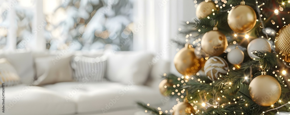 White and gold Christmas living room with blurred window view . Concept White and Gold Decor, Festive Living Room, Blurred Window View, Christmas Ambiance