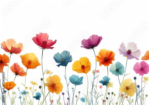 Vibrant Colorful Flowers on White Background with Copy Space in Center for Text or Message